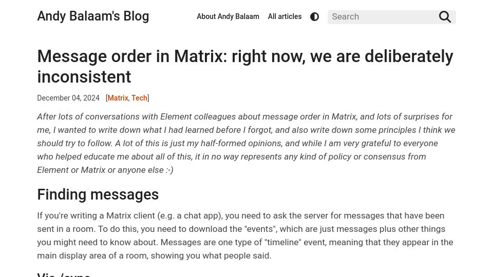 Screenshot of artificialworlds.net: Message order in Matrix: right now, we are deliberately inconsistent