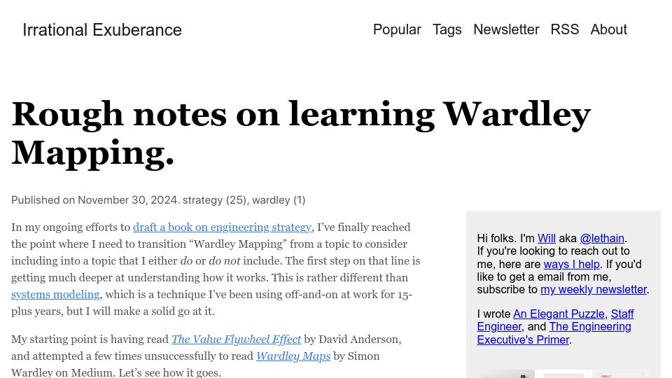 Screenshot of lethain.com: Rough notes on learning Wardley Mapping