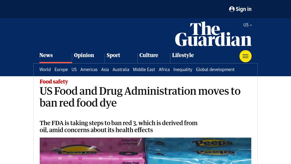 Screenshot of theguardian.com: US Food and Drug Administration moves to ban red food dye