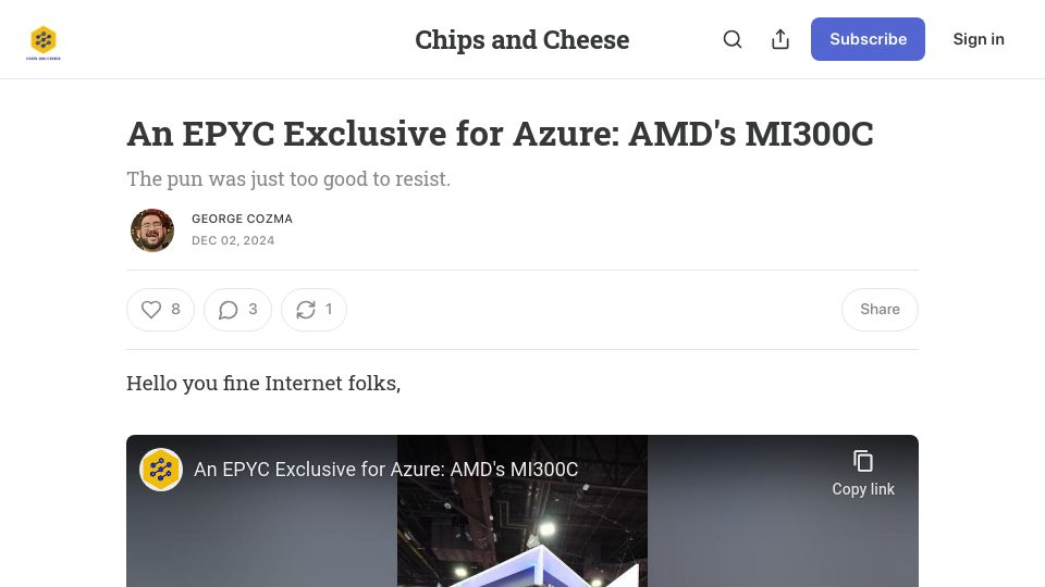 Screenshot of chipsandcheese.com: An EPYC Exclusive for Azure: AMD's MI300C – By George Cozma