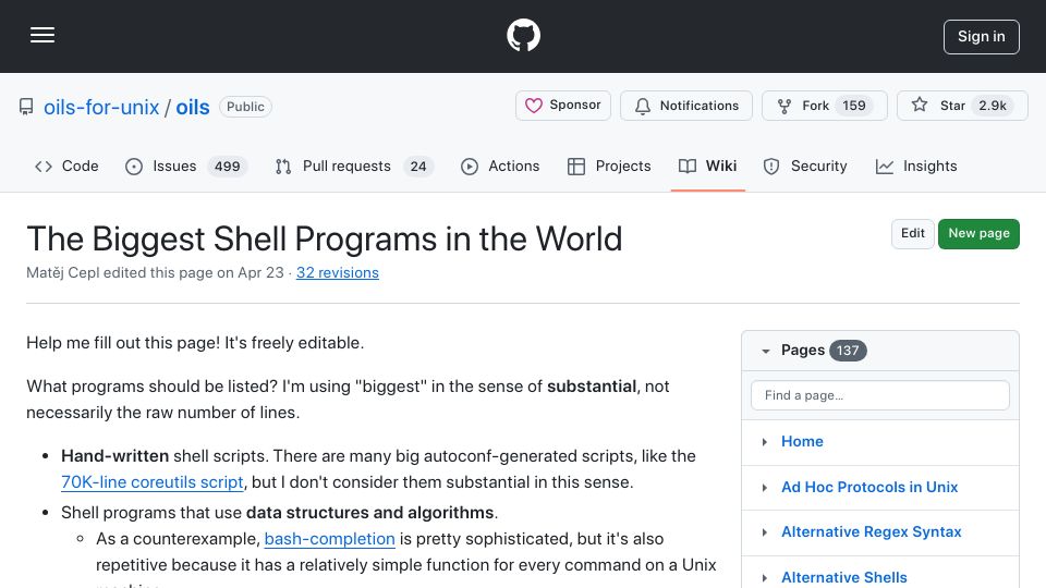 Screenshot of github.com: Biggest shell programs