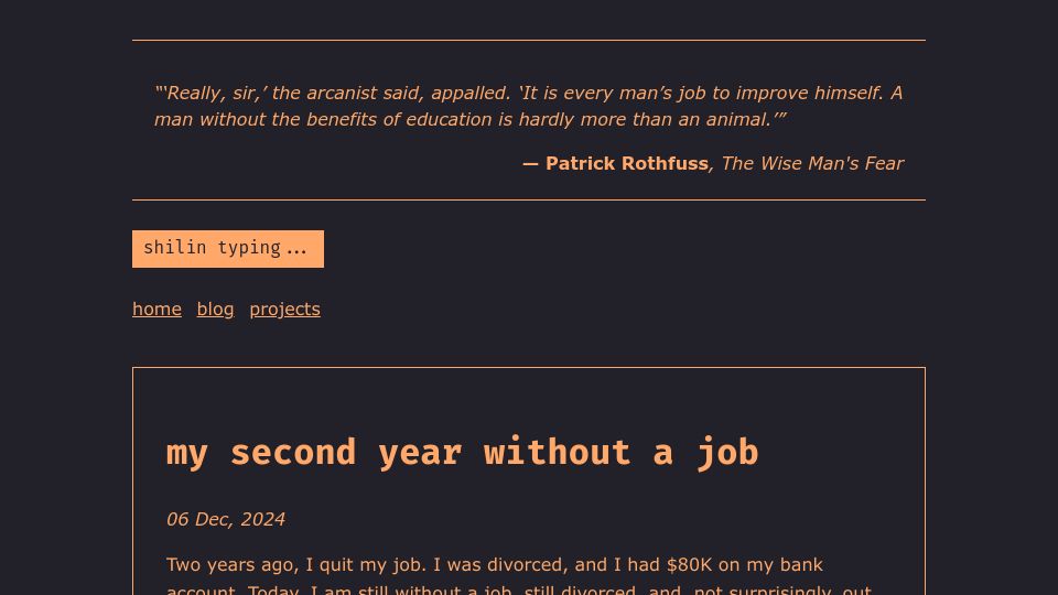 Screenshot of shilin.ca: My second year without a job