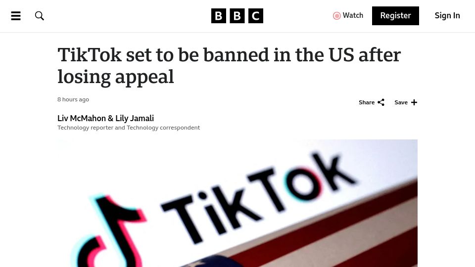 Screenshot of bbc.com: TikTok set to be banned in the US after losing appeal