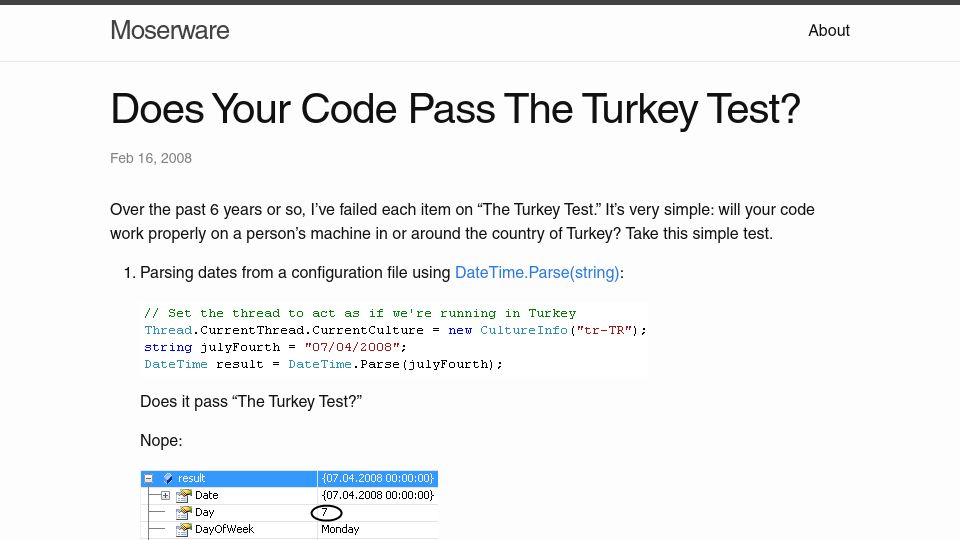 Screenshot of moserware.com: Does Your Code Pass the Turkey Test? (2008)