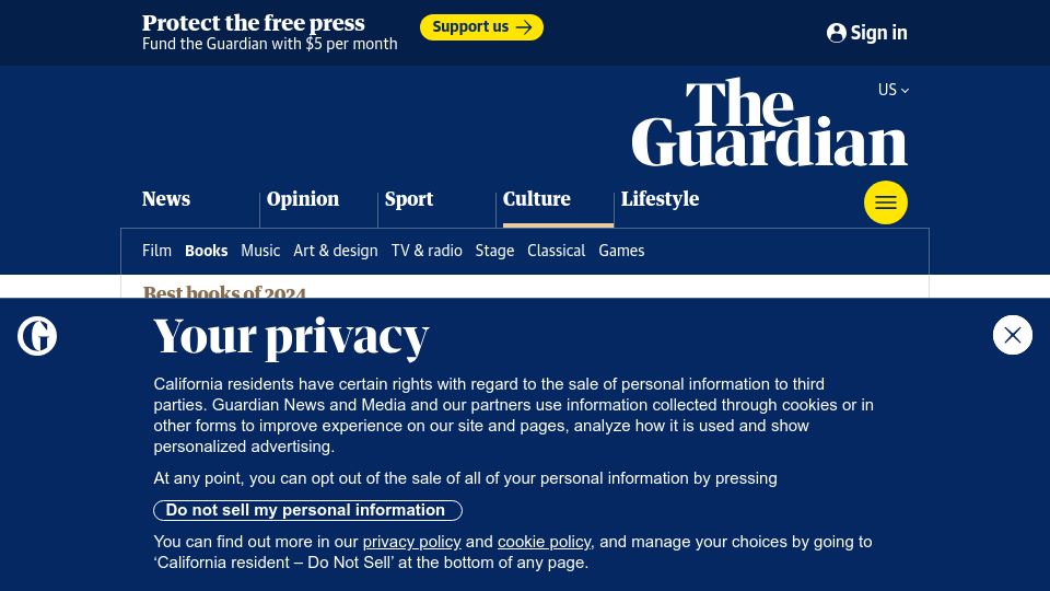 Screenshot of theguardian.com: Five of the best science fiction books of 2024