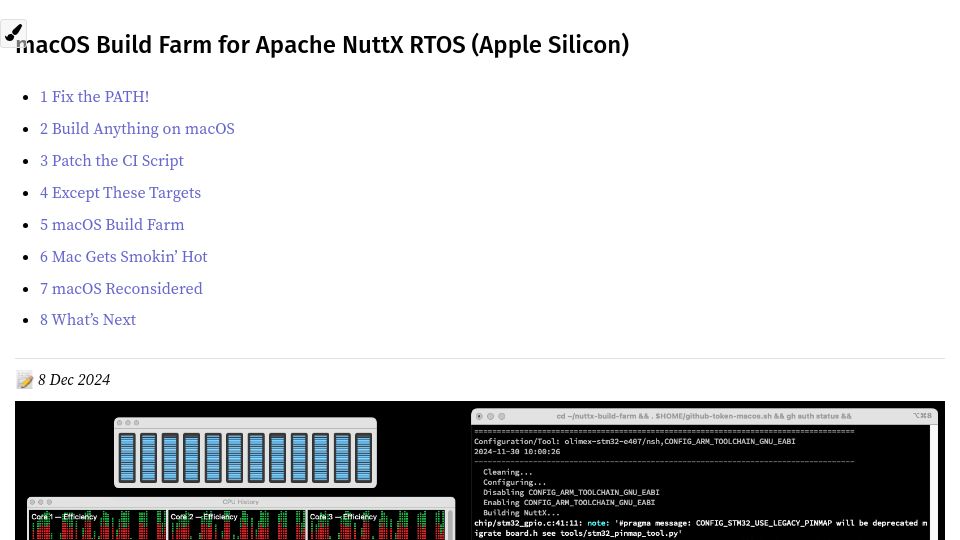 Screenshot of lupyuen.github.io: macOS Build Farm for Apache NuttX RTOS (Apple Silicon)