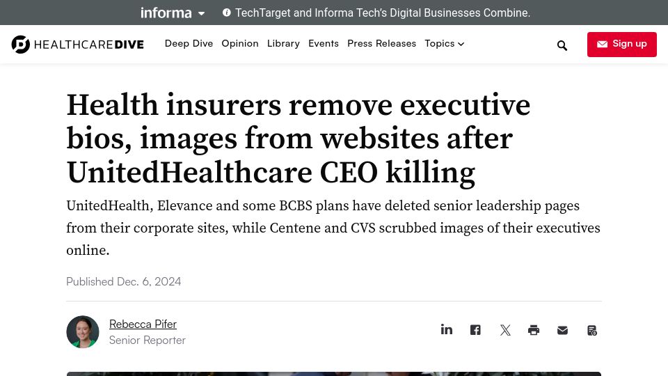 Screenshot of healthcaredive.com: Health insurers remove executive bios, images from websites after CEO killing