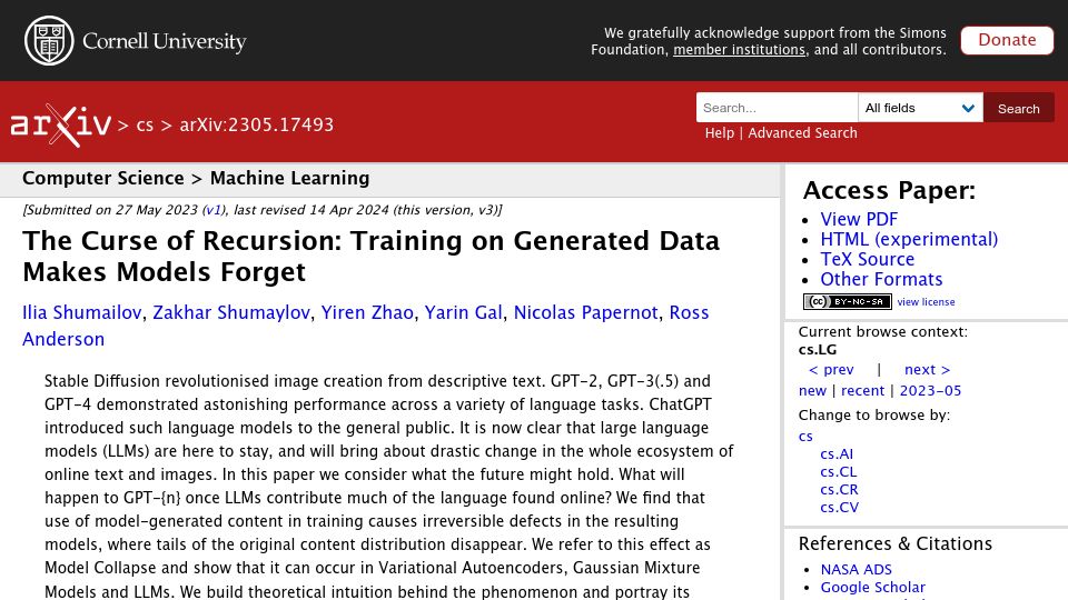 Screenshot of arxiv.org: The Curse of Recursion: Training on generated data makes models forget (2023)