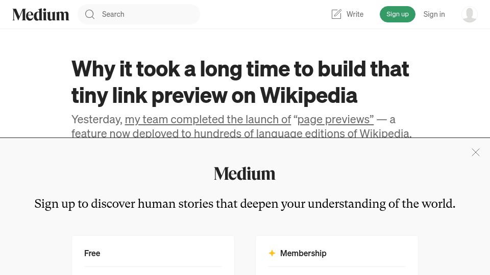 Screenshot of medium.com: Why it took a long time to build that tiny link preview on Wikipedia (2018)