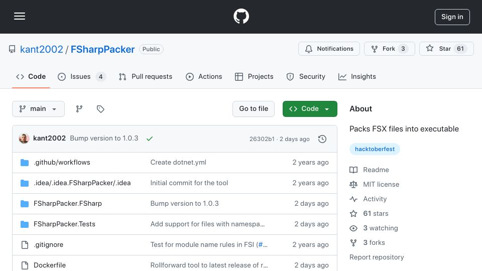 Screenshot of github.com: FSharpPacker – compile F# scripts to executables