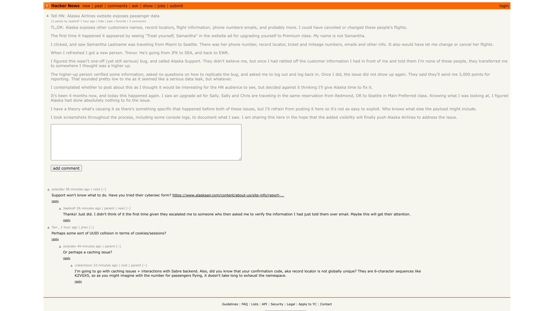 Screenshot of this Hacker News post: Tell HN: Alaska Airlines website exposes passenger data