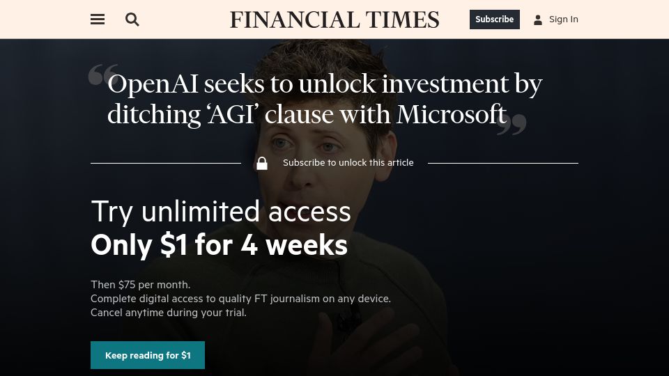 Screenshot of ft.com: OpenAI seeks to unlock investment by ditching 'AGI' clause with Microsoft