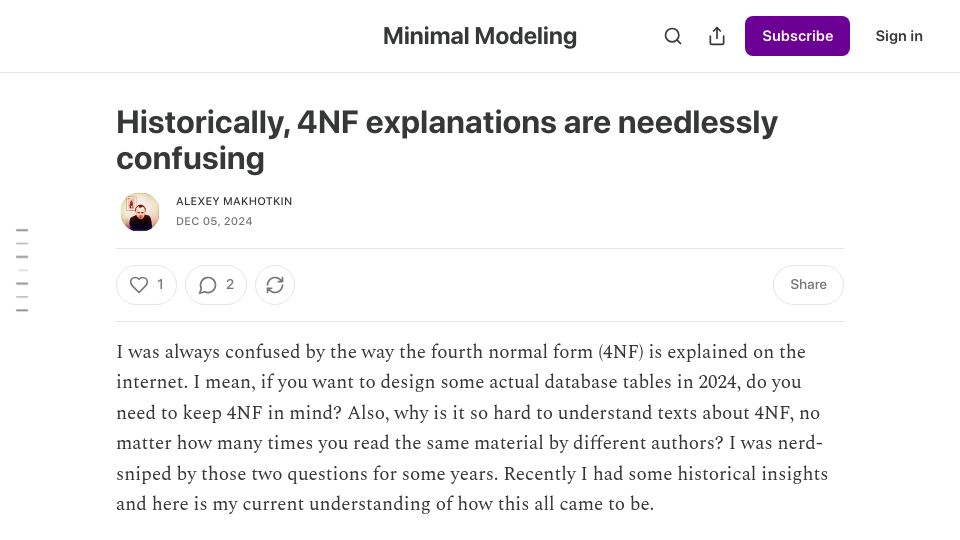 Screenshot of minimalmodeling.substack.com: Historically, 4NF explanations are needlessly confusing