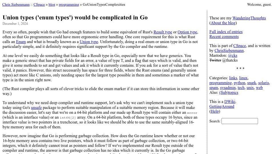 Screenshot of utcc.utoronto.ca: Union types ('enum types') would be complicated in Go