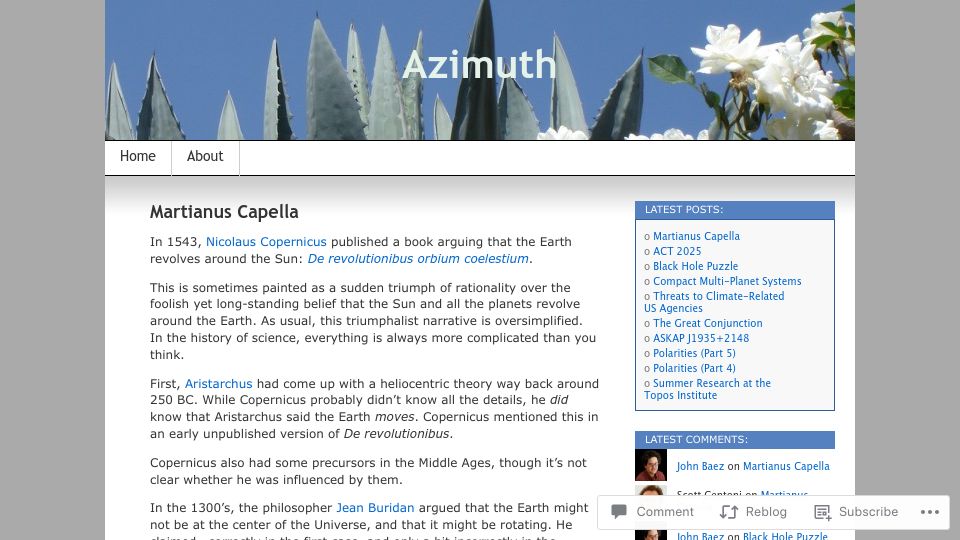 Screenshot of johncarlosbaez.wordpress.com: Precursors of Copernicus' heliocentric theory