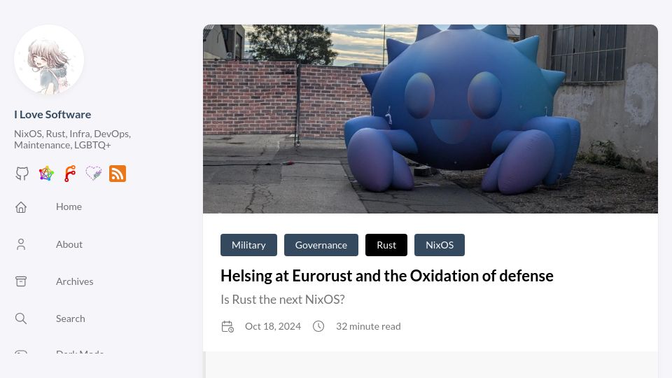 Screenshot of cafkafk.dev: Helsing at Eurorust and the Oxidation of Defense