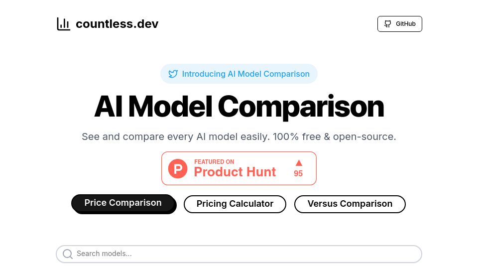 Screenshot of countless.dev: Show HN: Countless.dev – A website to compare every AI model: LLMs, TTSs, STTs