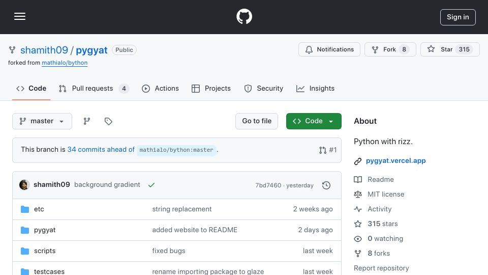 Screenshot of github.com: Python with Rizz