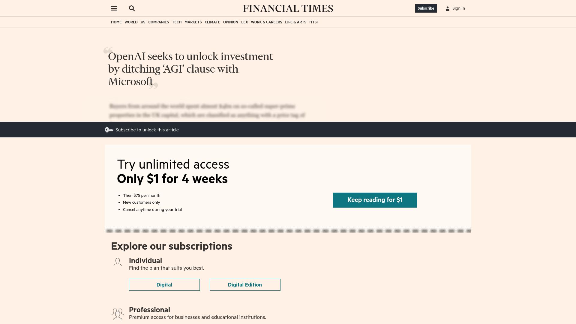 Screenshot of ft.com: OpenAI seeks to unlock investment by ditching 'AGI' clause with Microsoft