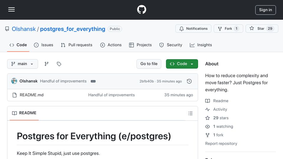 Screenshot of github.com: How to use Postgres for everything