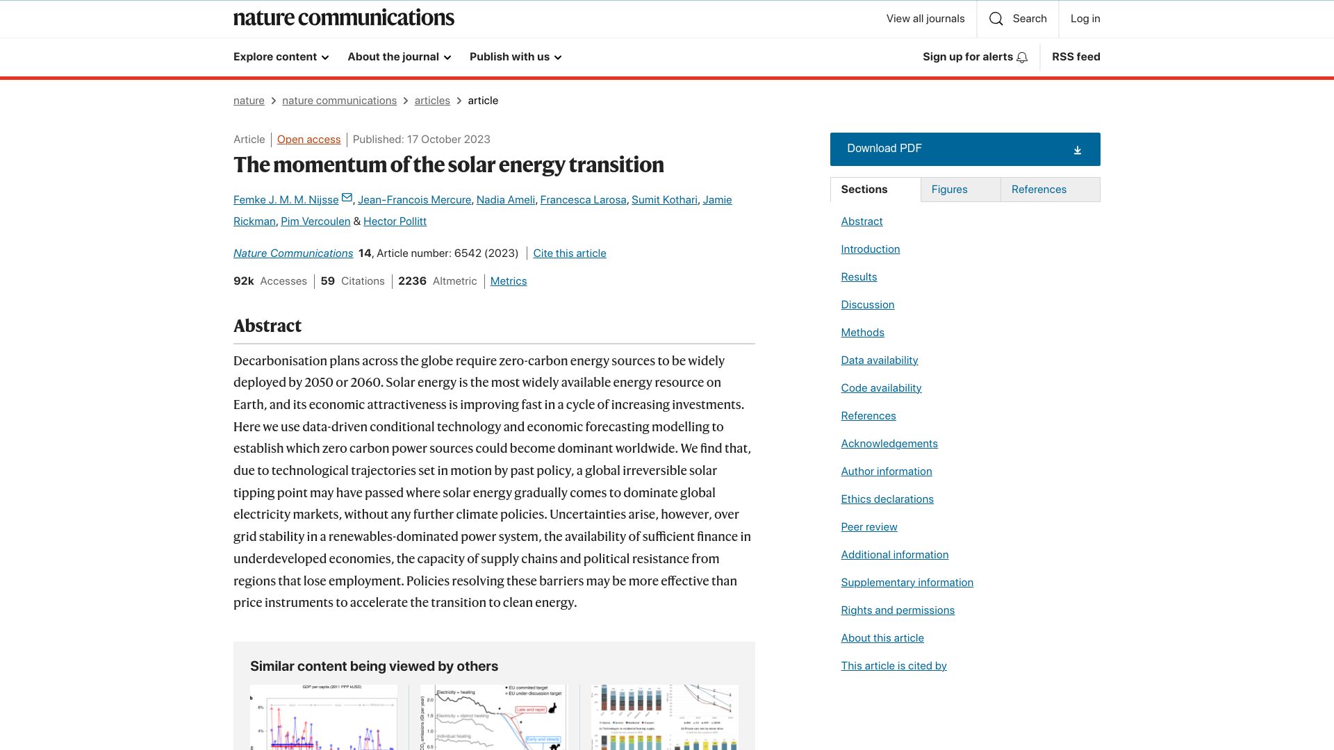 Screenshot of nature.com: The momentum of the solar energy transition
