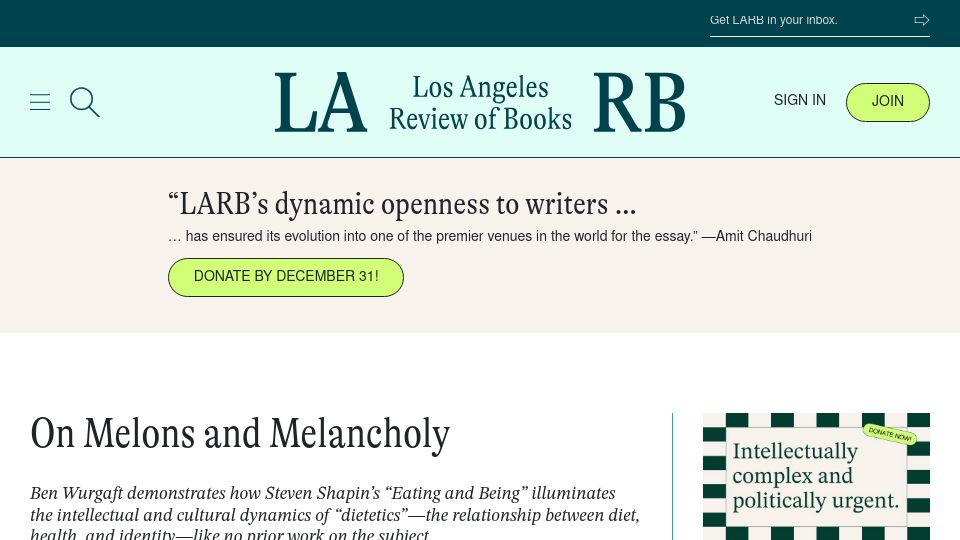 Screenshot of lareviewofbooks.org: Melons and Melancholy: "Eating and Being" illuminates the dynamics of dietetics