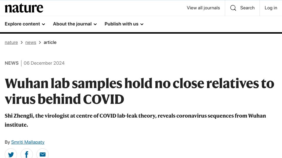 Screenshot of nature.com: Wuhan lab samples hold no close relatives to virus behind Covid