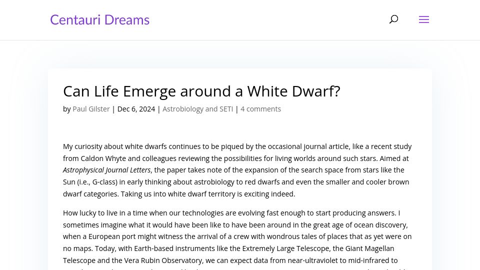Screenshot of centauri-dreams.org: Can life emerge around a white dwarf?