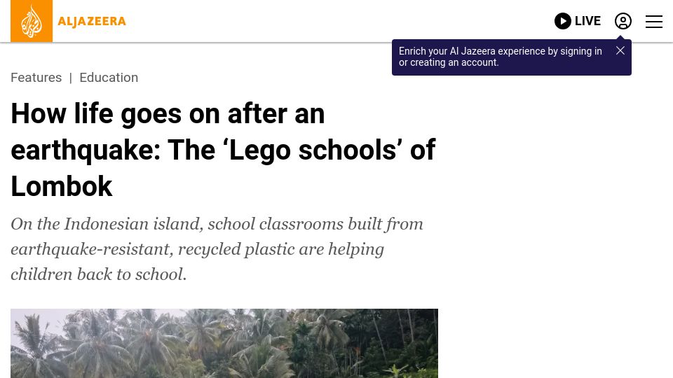 Screenshot of aljazeera.com: How life goes on after an earthquake: The ‘Lego schools’ of Lombok