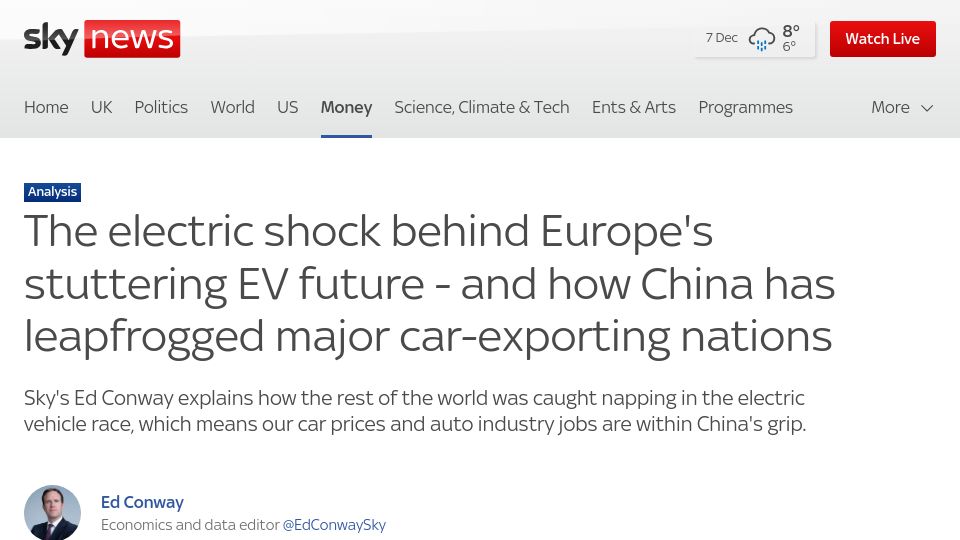 Screenshot of news.sky.com: The electric shock behind Europe's stuttering EV future