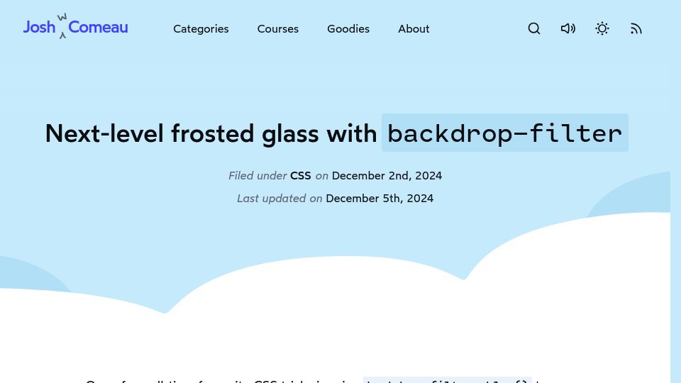 Screenshot of joshwcomeau.com: Next-level frosted glass with backdrop-filter