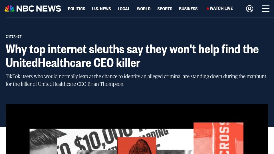 Screenshot of nbcnews.com: Top internet sleuths say they won't help find the UnitedHealthcare CEO killer