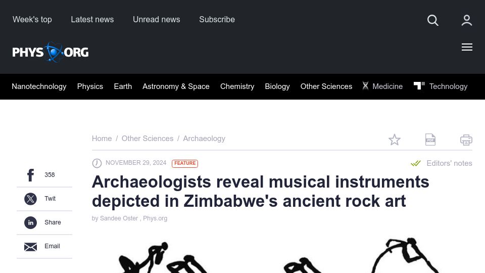 Screenshot of phys.org: Archaeologists reveal musical instruments shown in Zimbabwe's ancient rock art