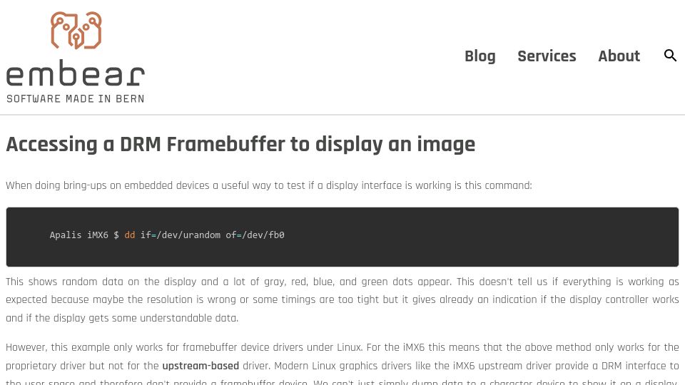 Screenshot of embear.ch: Accessing a DRM Framebuffer to display an image