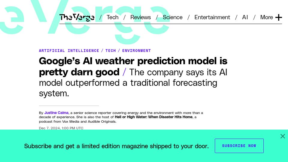 Screenshot of theverge.com: Google's AI weather prediction model is pretty darn good