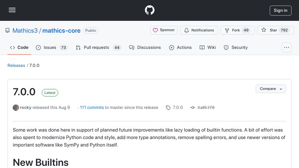 Screenshot of github.com: Mathics 7.0 – Open-source alternative to Mathematica
