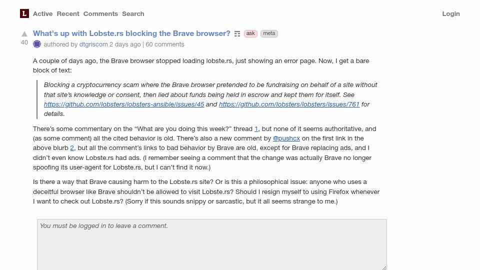 Screenshot of lobste.rs: Lobsters Blocks Brave Browser for Scammy Behavior
