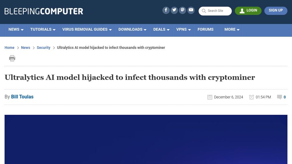 Screenshot of bleepingcomputer.com: Ultralytics AI model hijacked to infect thousands with cryptominer