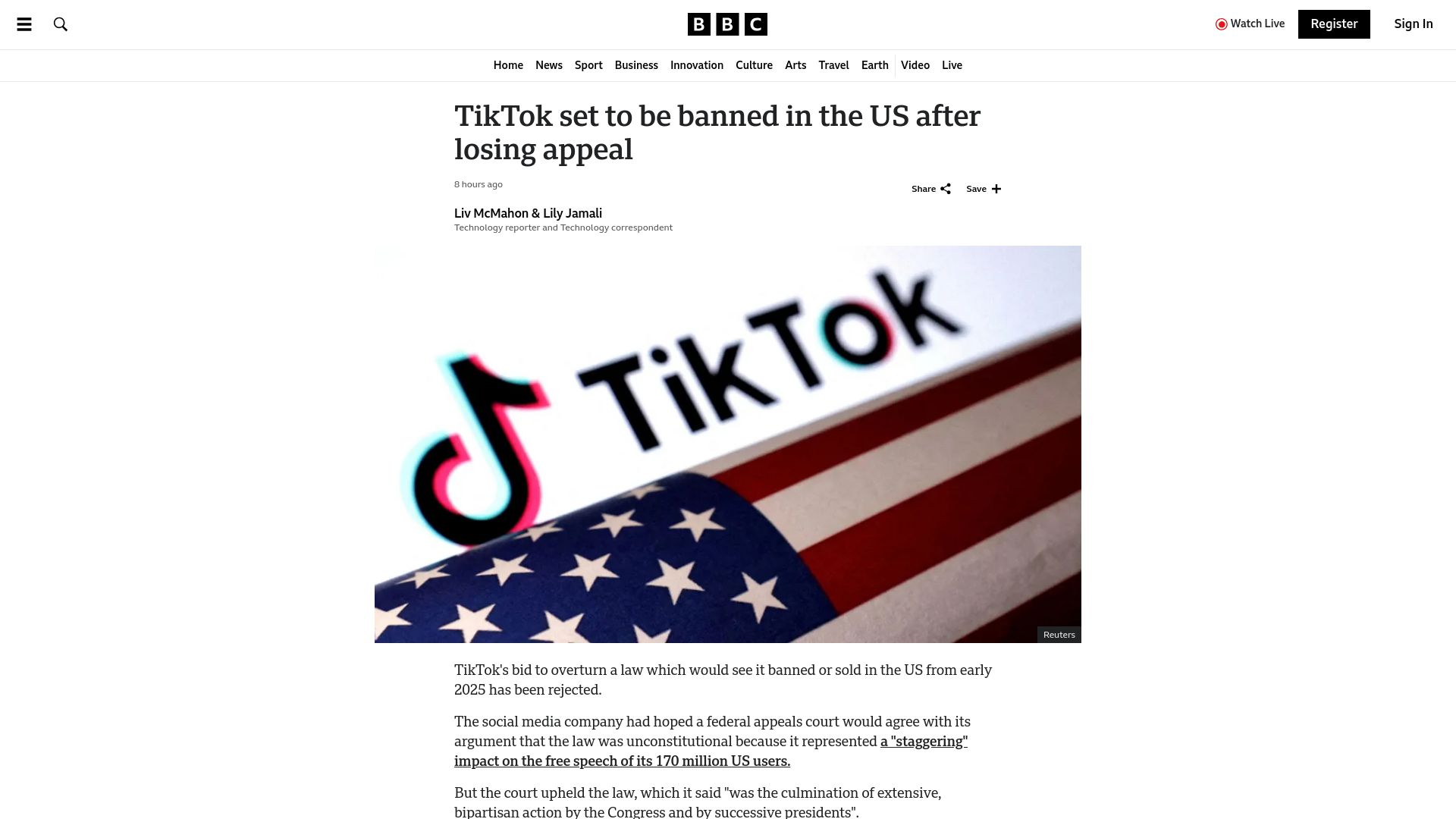 Screenshot of bbc.com: TikTok set to be banned in the US after losing appeal