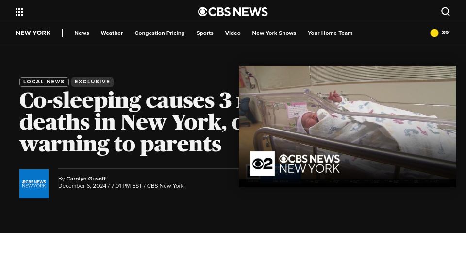 Screenshot of cbsnews.com: Co-sleeping causes 3 more infant deaths in New York, officials say in warning