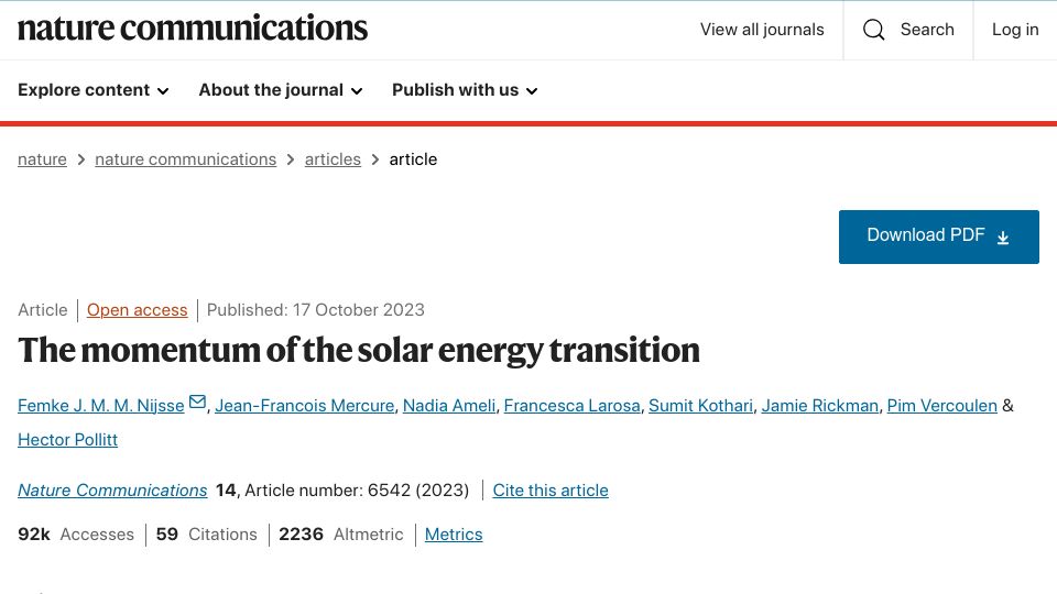 Screenshot of nature.com: The momentum of the solar energy transition