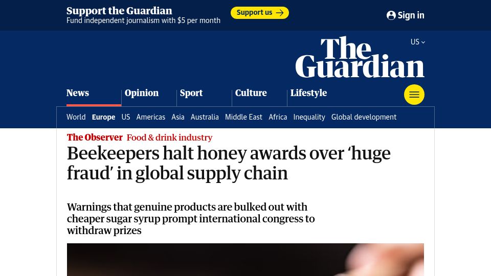 Screenshot of theguardian.com: Beekeepers halt honey awards over fraud in global supply chain