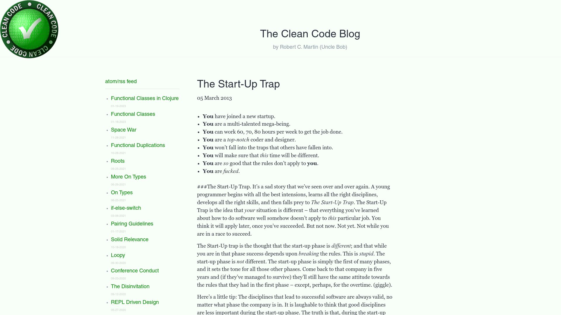 Screenshot of blog.cleancoder.com: The Startup Trap (2013)