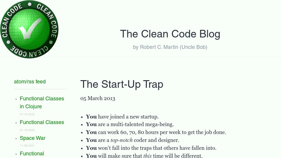Screenshot of blog.cleancoder.com: The Startup Trap (2013)