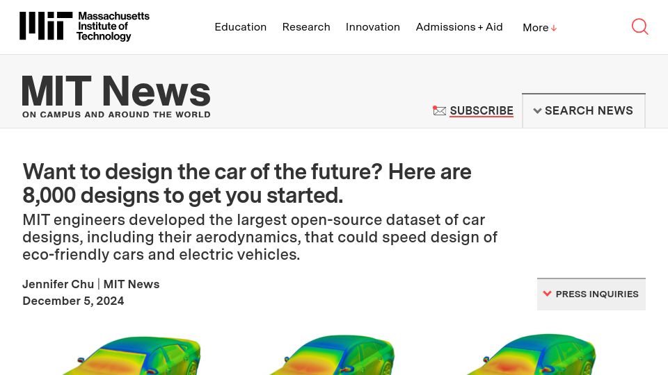 Screenshot of news.mit.edu: The largest open-source dataset of car designs, including their aerodynamics