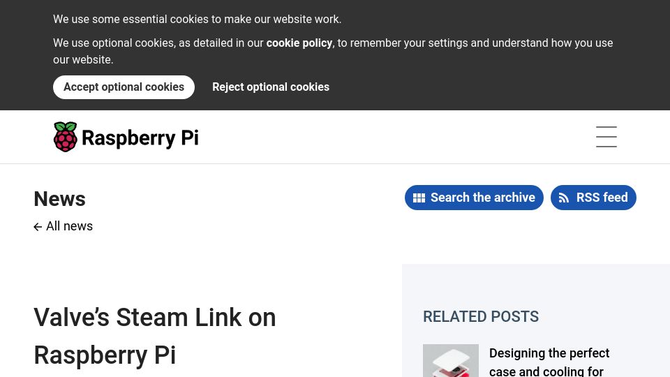 Screenshot of raspberrypi.com: Raspberry Pi 5 now supports Valve's Steam Link