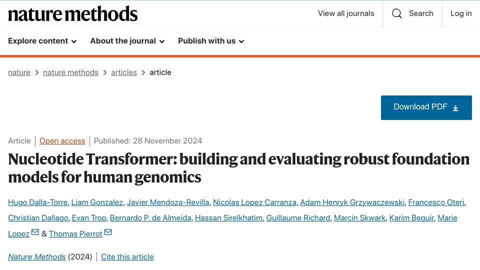 Screenshot of nature.com: Nucleotide Transformer: building robust foundation models for human genomics