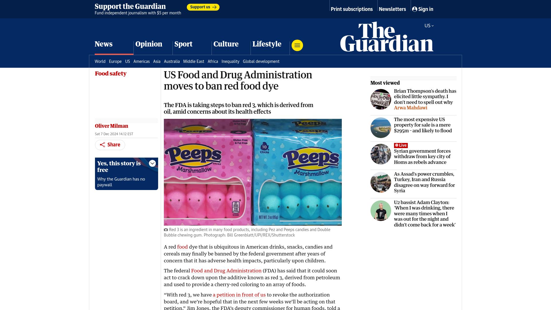 Screenshot of theguardian.com: US Food and Drug Administration moves to ban red food dye