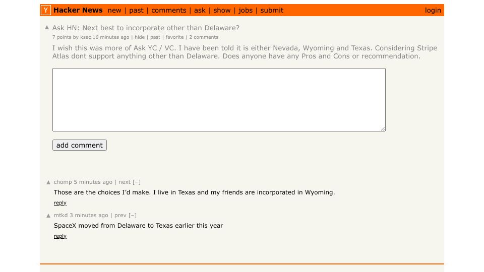 Screenshot of Hacker News post: Ask HN: Next best to incorporate other than Delaware?