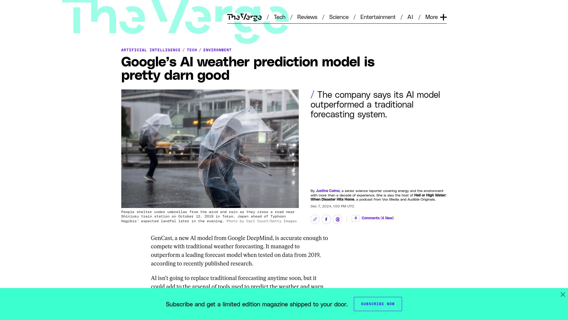 Screenshot of theverge.com: Google's AI weather prediction model is pretty darn good